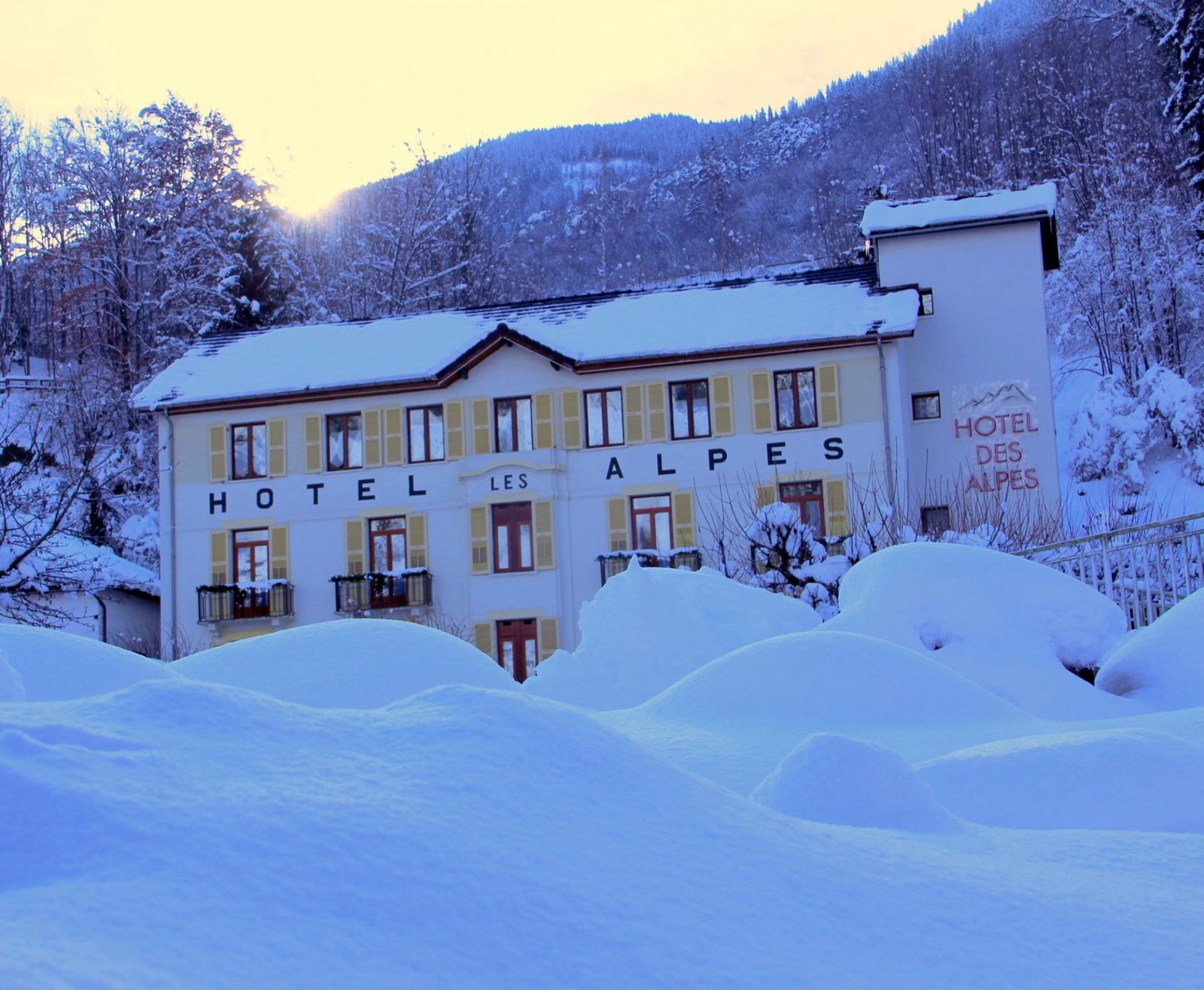L'Hôtel des Alpes sous la neige en hiver